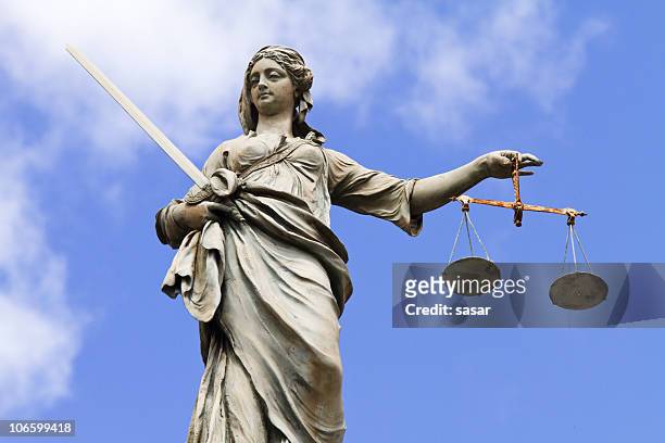 statue of justitia holding the scales of justice - dublin statue stock pictures, royalty-free photos & images