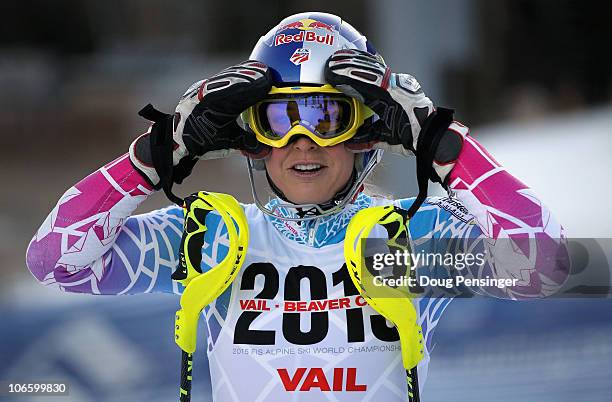 Lindsey Vonn adjusts her goggles after a run during U.S. Alpine Ski Team training on Golden Eagle at the Vail Resort on November 6, 2010 in Vail,...