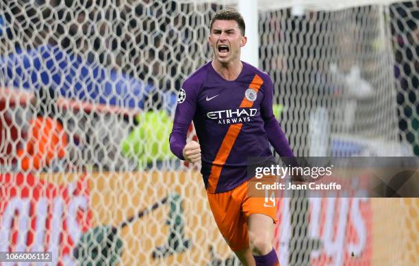 Aymeric Laporte of Manchester City celebrates his goal during the UEFA Champions League match between Olympique Lyonnais and Manchester City at...