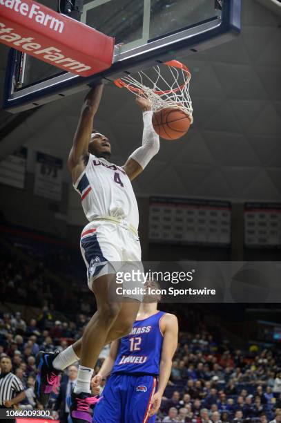 UConn Huskies guard Jalen Adams scores on a fast break opportunity during the game as the UMass Lowell River Hawks take on the UConn Huskies on...