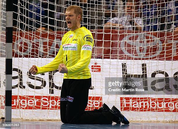 Johannes Bitter, goalkeeper of Hamburg celebrates during the Toyota Handball Bundesliga match between HSV Hamburg and SG Flensburg-Handewitt at the...