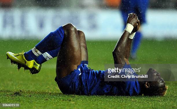 Louis Saha of Everton reacts during the Barclays Premier League match between Blackpool and Everton at Bloomfield Road on November 6, 2010 in...