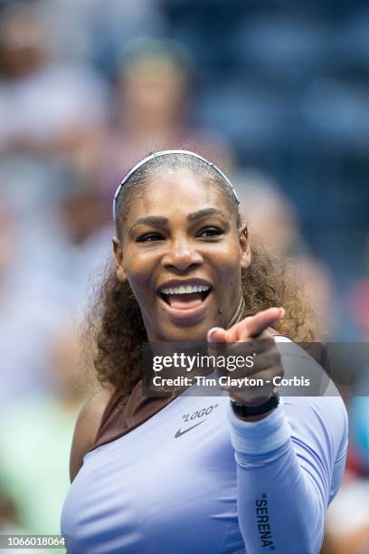 Open Tennis Tournament- Day Seven. Serena Williams of the United States reacts to her team during an on court interview after her victory against...