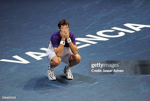 Marcelo Granollers of Spain reacts in his semi final match against Gilles Simon of France during the ATP 500 World Tour Valencia Open tennis...