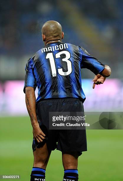 Maicon of FC Internazionale Milano receives an injury during the Serie A match between Inter and Brescia at Stadio Giuseppe Meazza on November 6,...