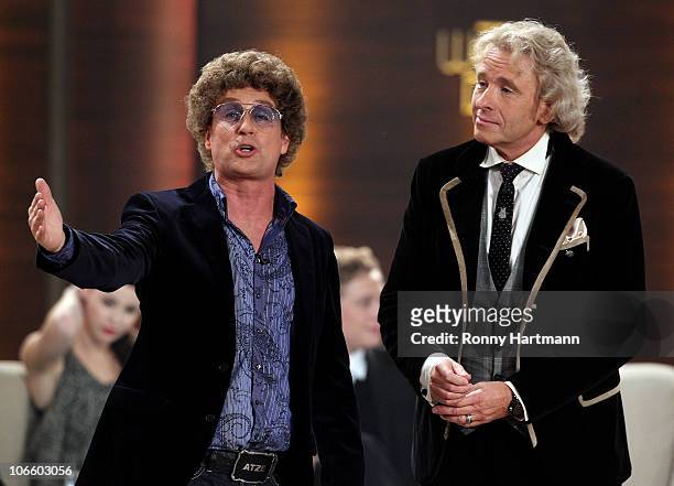 Host Thomas Gottschalk and german comedian Atze Schroeder attend the 191st 'Wetten, dass ...?' show at TUI Arena on November 06, 2010 in Hanover,...