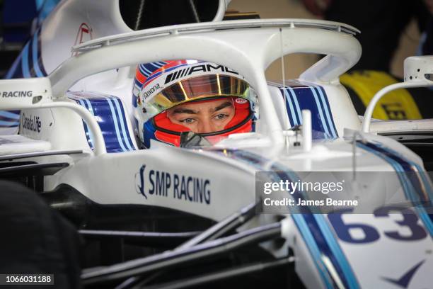 George Russell of Great Britain Williams Martini Racing FW41 Mercedes during day one of F1 End of Season Testing at Yas Marina Circuit on November...