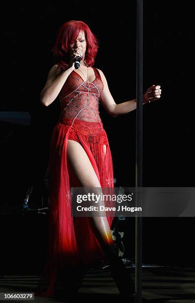 Singer Rihanna performs on stage with Bon Jovi during a secret gig ahead of the MTV Europe Music Awards 2010 at the Teatro Circo Price on November 6,...