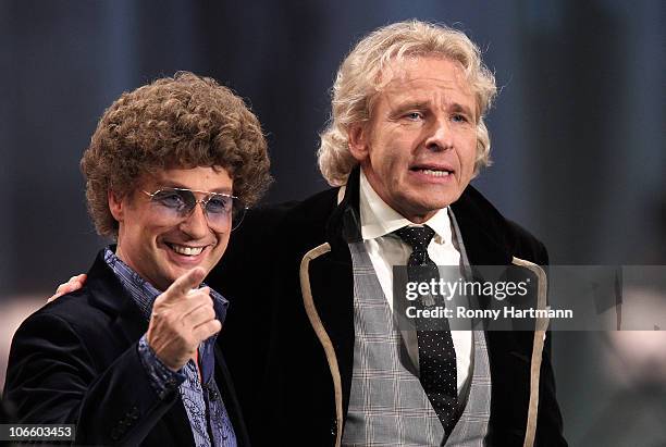 Host Thomas Gottschalk and german comedian Atze Schroeder attend the 191st 'Wetten, dass ...?' show at TUI Arena on November 06, 2010 in Hanover,...