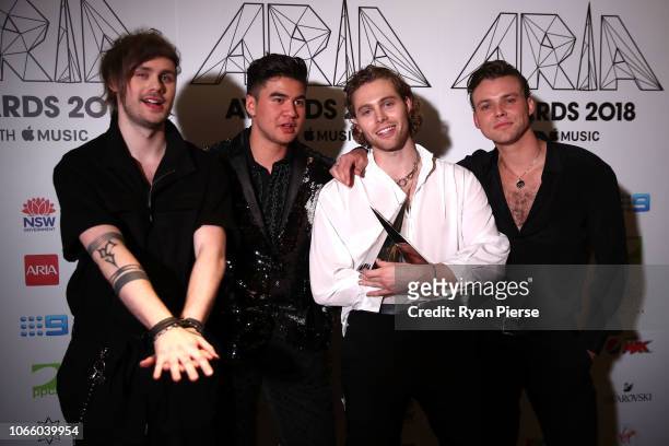 Seconds of Summer pose in the awards room with the ARIA Award for Song of The Year during the 32nd Annual ARIA Awards 2018 at The Star on November...