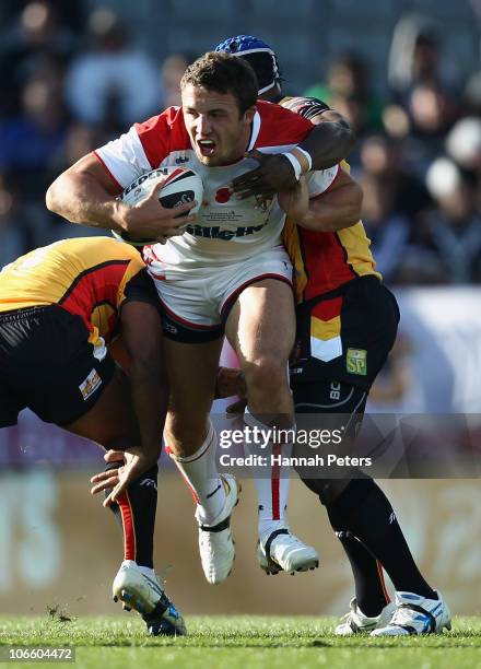 Sam Burgess of England charges forward during the Four Nations match between England and Papua New Guinea at Eden Park on November 6, 2010 in...