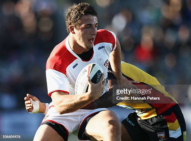 Sam Burgess of England charges forward during the Four Nations match between England and Papua New Guinea at Eden Park on November 6, 2010 in...