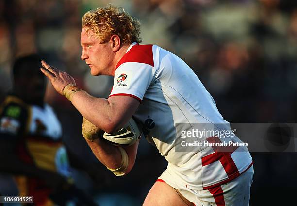 James Graham of England takes the ball forward during the Four Nations match between England and Papua New Guinea at Eden Park on November 6, 2010 in...