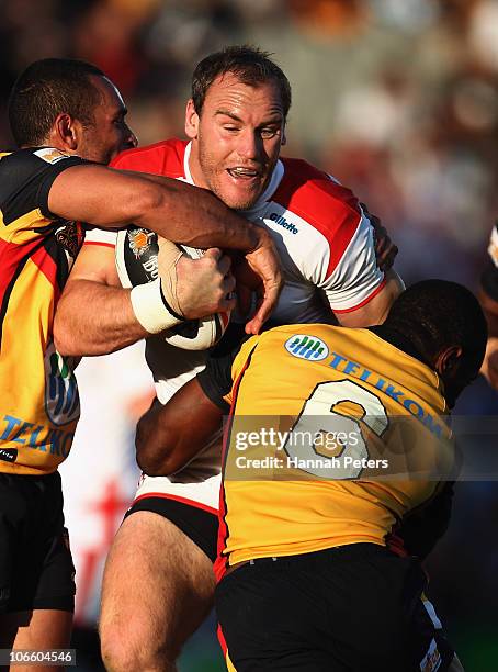 Gareth Ellis of England takes the ball forward during the Four Nations match between England and Papua New Guinea at Eden Park on November 6, 2010 in...