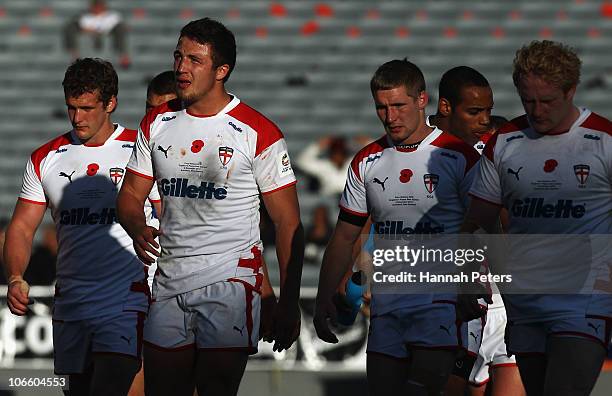 Sam Burgess of England walks off injured at half time during the Four Nations match between England and Papua New Guinea at Eden Park on November 6,...