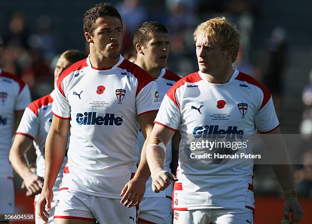 Sam Burgess and James Graham of England walk out for the Four Nations match between England and Papua New Guinea at Eden Park on November 6, 2010 in...