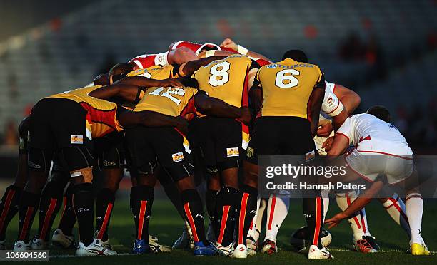 Scrum packs down during the Four Nations match between England and Papua New Guinea at Eden Park on November 6, 2010 in Auckland, New Zealand.