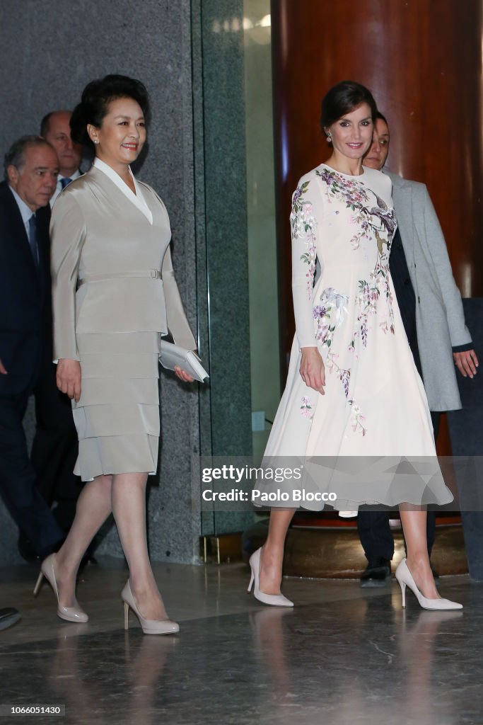 Queen Letizia And Chinese First Lady Peng Liyuan Arrives At The Royal Theatre