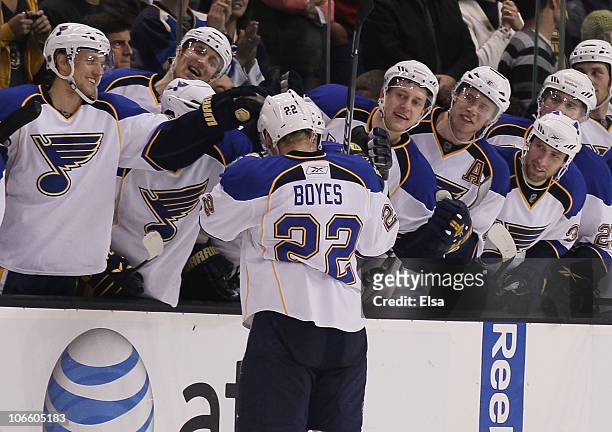 Brad Boyes of the St. Louis Blues is congratulated by teammates on the bench after he scored the game winning goal in the overtime shootout against...