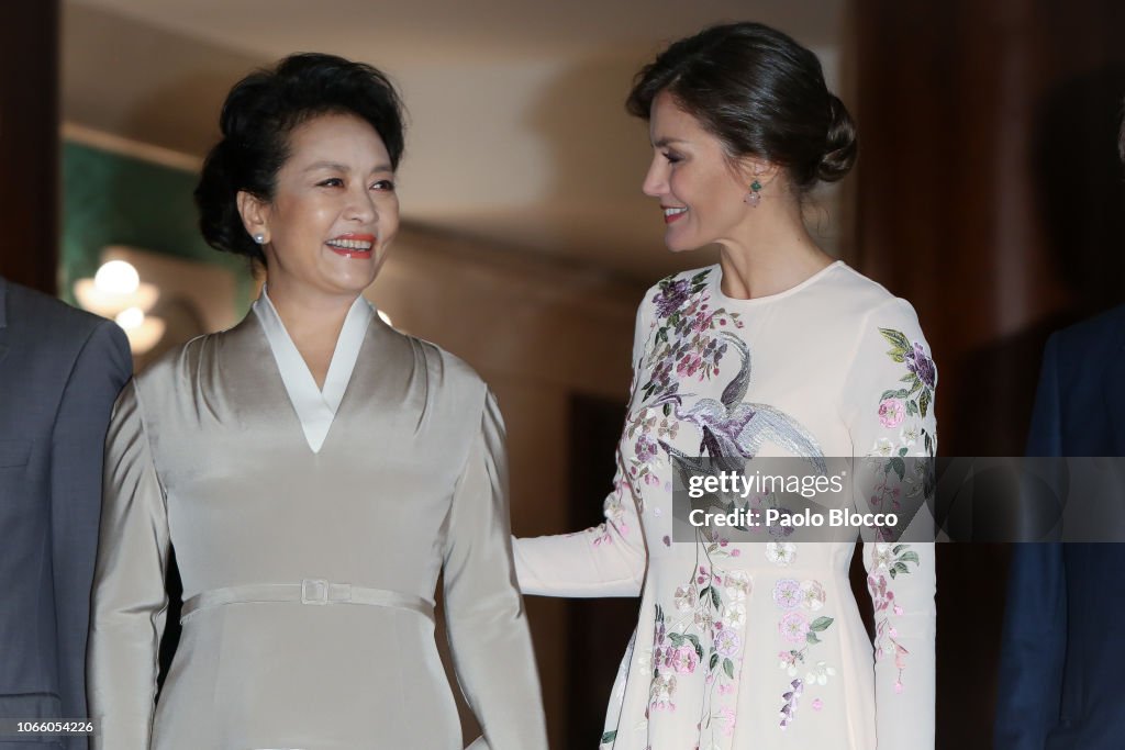 Queen Letizia And Chinese First Lady Peng Liyuan Arrives At The Royal Theatre