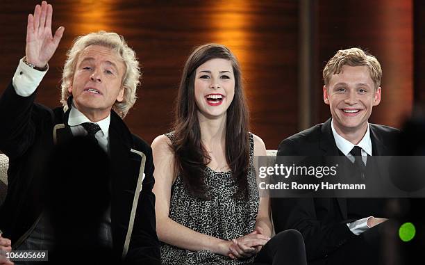 Host Thomas Gottschalk, singer Lena Meyer-Landrut and actor Matthias Schweighoefer attend the 191st 'Wetten, dass ...?' show at TUI Arena on November...