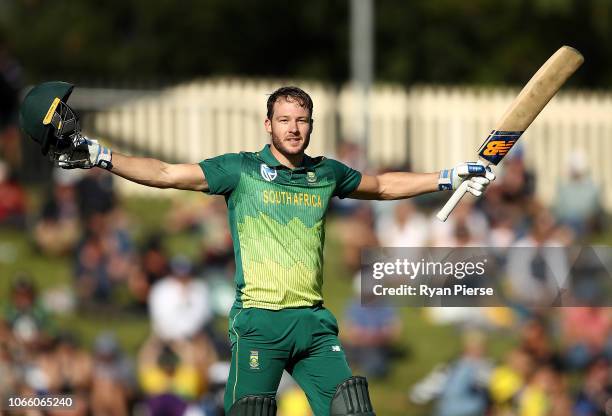 David Miller of South Africa celebrates after reaching his century during game three of the One Day International series between Australia and South...