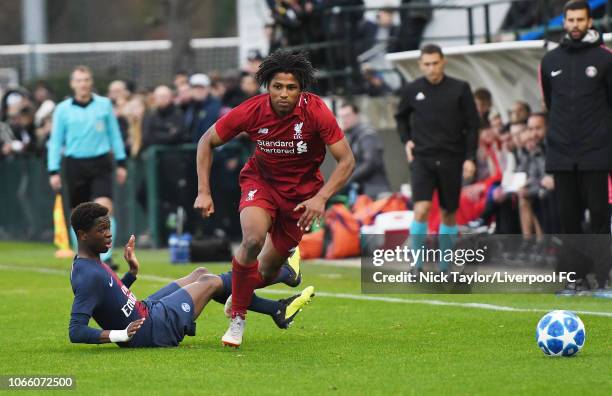 Yasser Larouci of Liverpool in action during the UEFA Youth League match betwen Paris Saint-Germain U19 and Liverpool U19 on November 28, 2018 in...