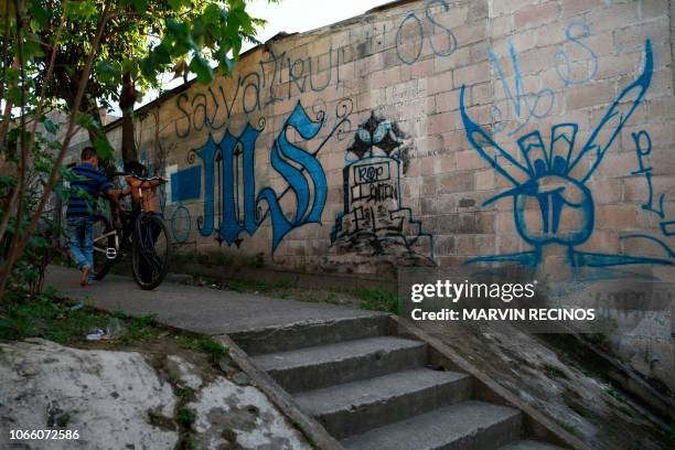 View of a graffiti representative of the MS-13 gang, in the municipality of San Martin, El Salvador, on November 15, 2018. - The mayor of San Jose...