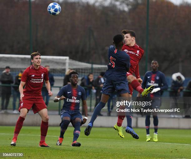 Adam Lewis of Liverpool and Raphael Nya of Paris Saint-Germain on November 28, 2018 in Paris, France.