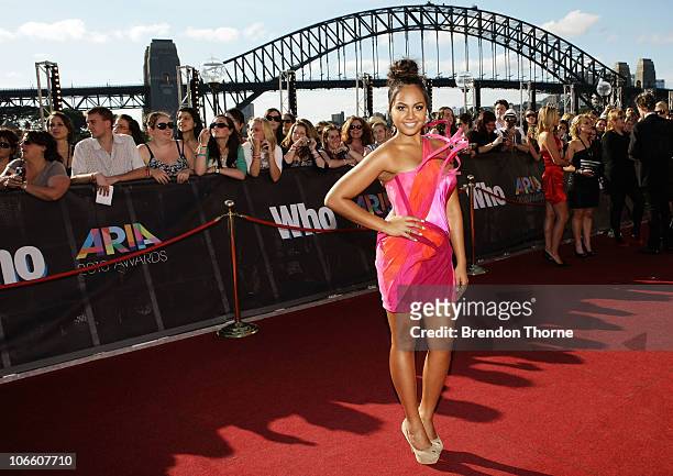 Jessica Mauboy arrives on the red carpet at the 2010 ARIA Awards at the Sydney Opera House on November 7, 2010 in Sydney, Australia.