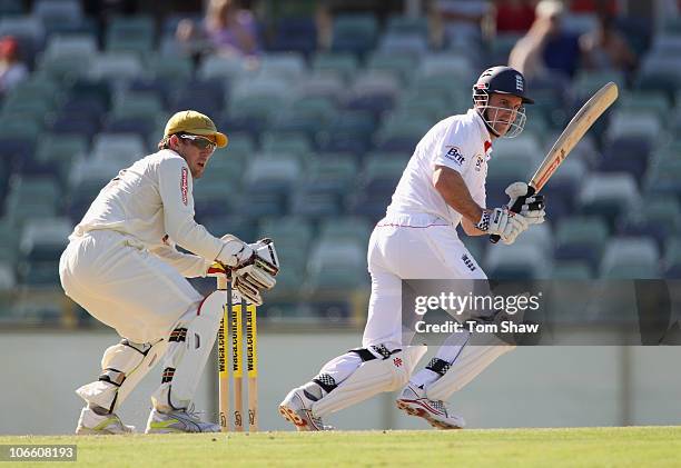 Andrew Strauss of England hits out during day three of the Tour Match between the Western Australia Warriors and England at WACA on November 7, 2010...