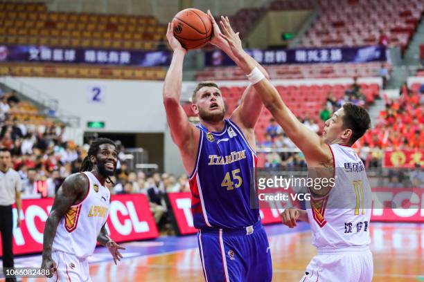 Cole Aldrich of Tianjin Ronggang Gold Lions shoots the ball during the 2018/2019 Chinese Basketball Association League tenth round match between...