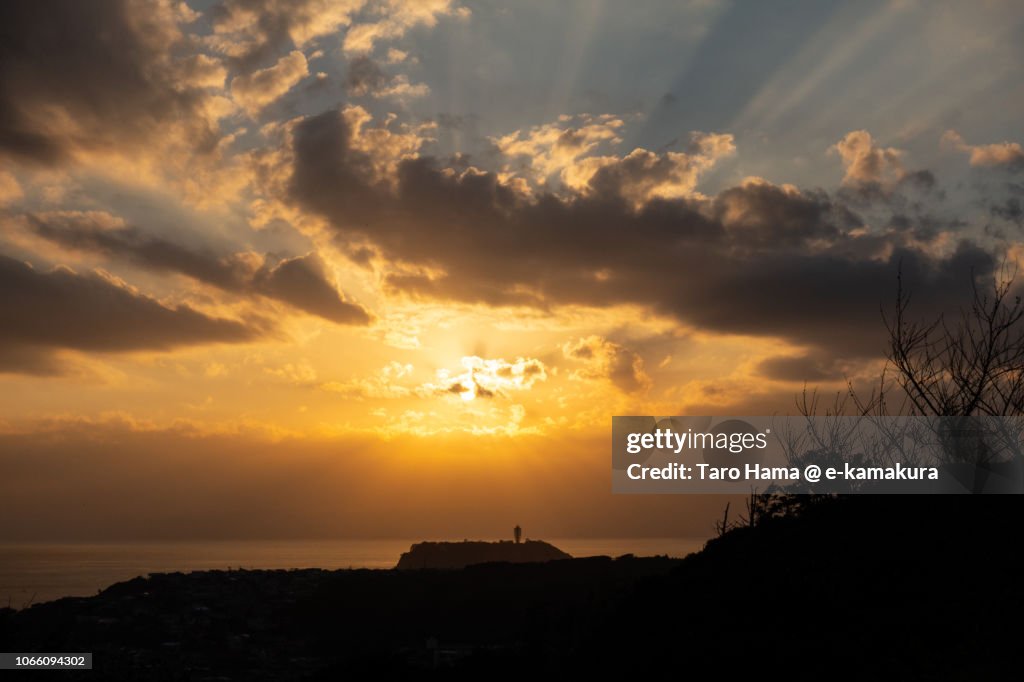 Sunset on Izu Peninsula, Enoshima Island and Sagami Bay in Kamakura in Japan