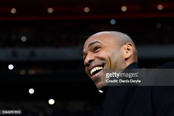 Thierry Henry, Manager of Monaco looks on during the UEFA Champions League Group A match between Club Atletico de Madrid and AS Monaco at Estadio...