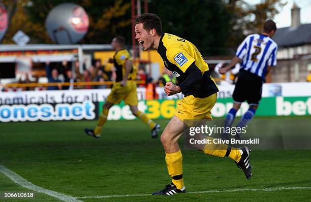 Paul Barratt of Southport celebrates scoring his teams first goal during the FA Cup sponsored by E.ON first Round match between Southport and...