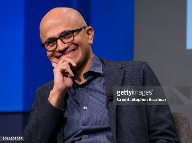 Microsoft CEO Satya Nadella smiles during the question and answer portion of the Microsoft Annual Shareholders Meeting at the Meydenbauer Center on...