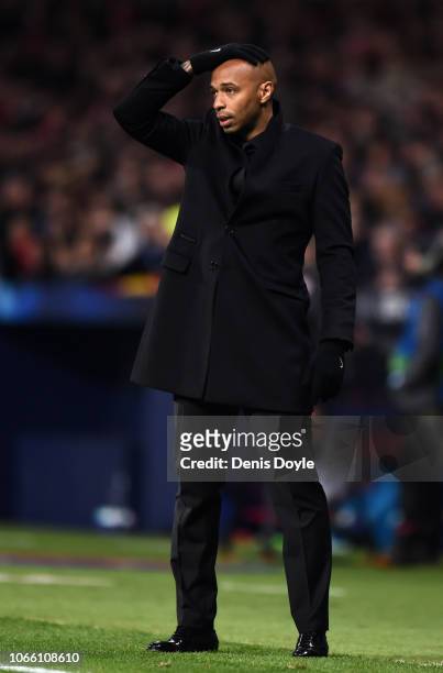 Thierry Henry, Manager of Monaco reacts during the UEFA Champions League Group A match between Club Atletico de Madrid and AS Monaco at Estadio Wanda...