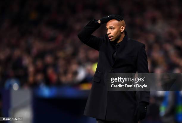 Thierry Henry, Manager of Monaco reacts during the UEFA Champions League Group A match between Club Atletico de Madrid and AS Monaco at Estadio Wanda...