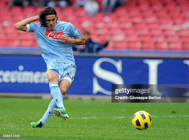 Edinson Cavani of Napoli scores the opening goal during the Serie A match between SSC Napoli and FC Parma at Stadio San Paolo on November 7, 2010 in...