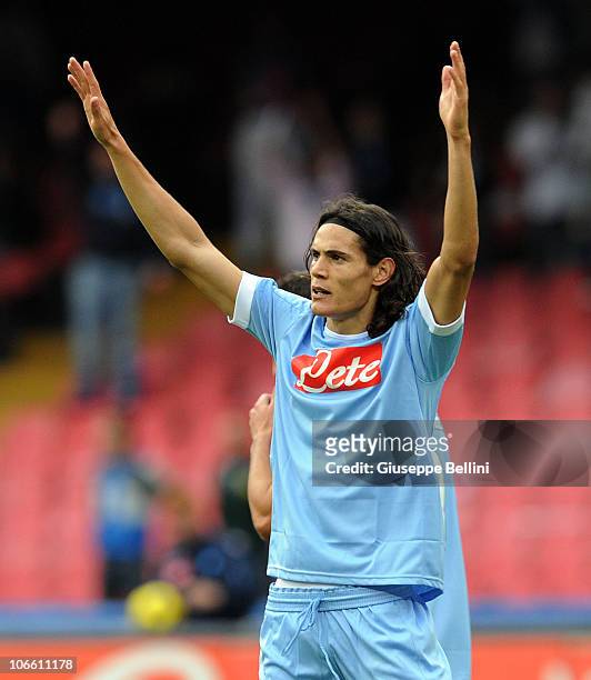 Edinson Cavani of Napoli celebrates after scoring the opening goal during the Serie A match between SSC Napoli and FC Parma at Stadio San Paolo on...