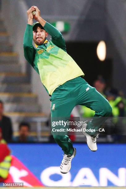 Aiden Markram of South Africa catches out Marcus Stoinis of Australia during game three of the One Day International series between Australia and...