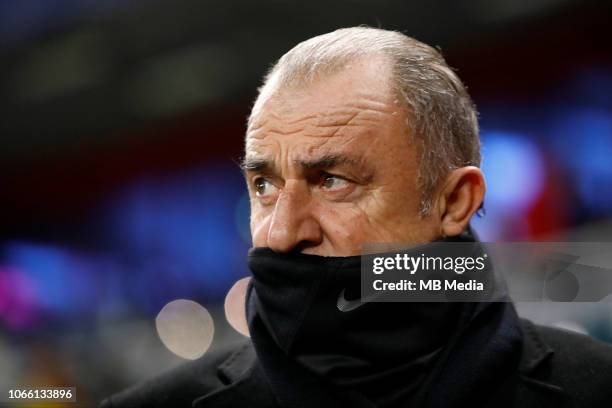 Galatasaray head coach Fatih Terim looks on during the Group D match of the UEFA Champions League between FC Lokomotiv Moscow and Galatasaray at...