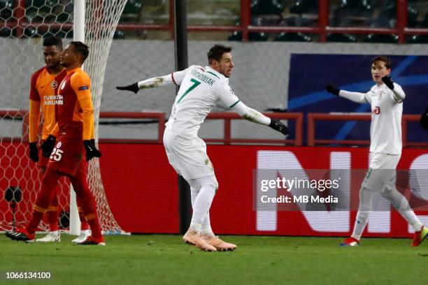 Grzegorz Krychowiak of FC Lokomotiv Moscow celebrates his goal during the Group D match of the UEFA Champions League between FC Lokomotiv Moscow and...