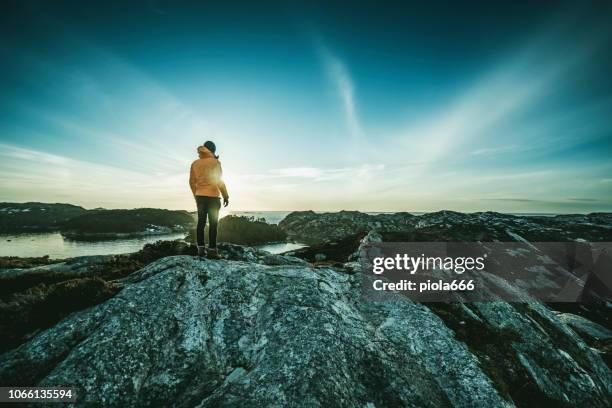 man mountain wandern an einem fjord in norwegen - explorer stock-fotos und bilder