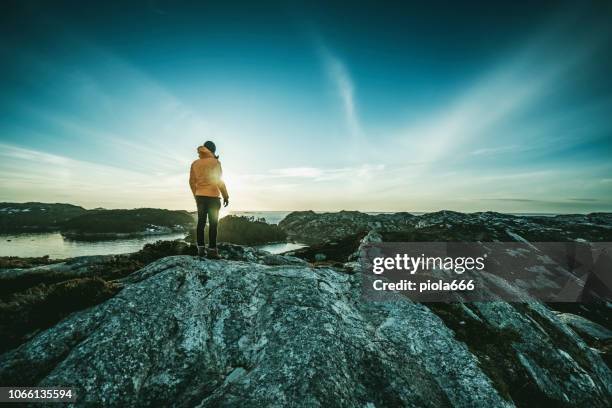 man mountain hiking by a fjord in norway - nordic landscape stock pictures, royalty-free photos & images