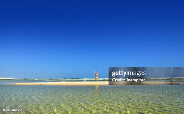 hombre joven con brazos en alto mirando al cielo disfruta del sol y la playa - hombre joven stock pictures, royalty-free photos & images