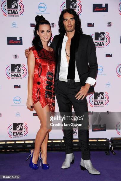 Katy Perry and Russell Brand attend the MTV Europe Awards 2010 at the La Caja Magica on November 7, 2010 in Madrid, Spain.