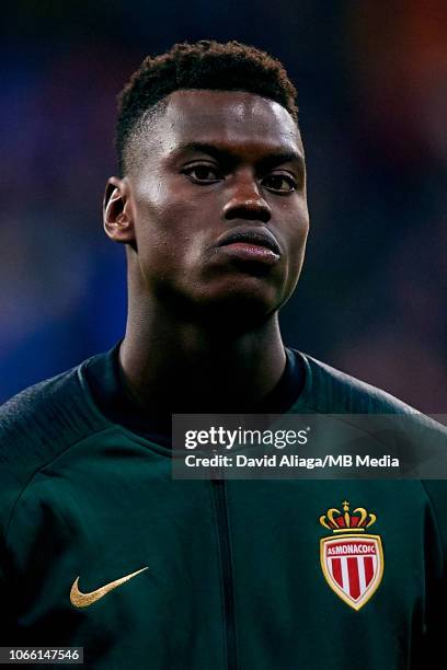 Benoit Badiashile of AS Monaco looks on prior to the Group A match of the UEFA Champions League between Club Atletico de Madrid and AS Monaco at...