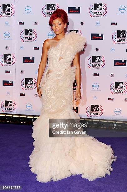 Musician Rihanna attends the MTV Europe Awards 2010 at the La Caja Magica on November 7, 2010 in Madrid, Spain.