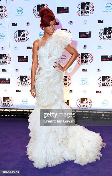Musician Rihanna attends the MTV Europe Awards 2010 at the La Caja Magica on November 7, 2010 in Madrid, Spain.